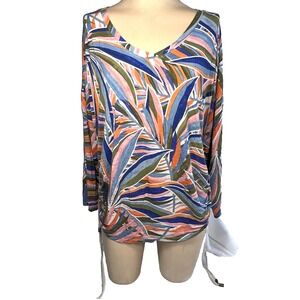 Democracy Womens Blouse XL Ruched Sides Aloha Jungle Palm Botanical Island Edgy